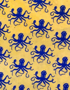 AITOH Lokta Printed Octopus Blue On Yellow, 19 ½" X 29 ½"